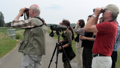 A group of bird watchers with binoculors